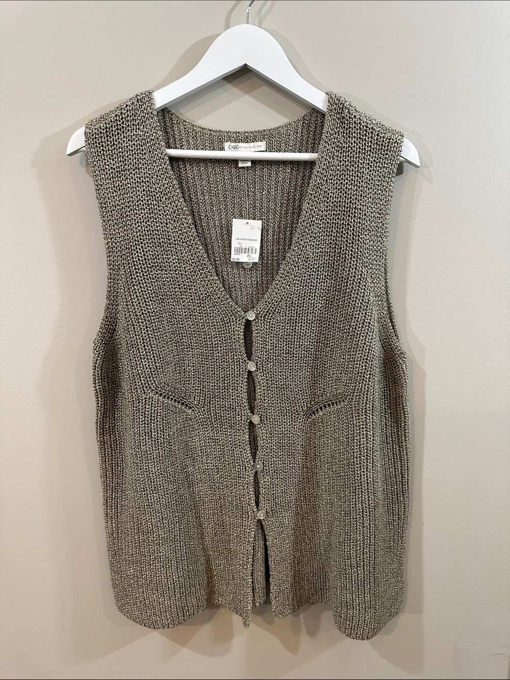 NWT Cato Taupe Sleeveless Button-Front Knit Vest